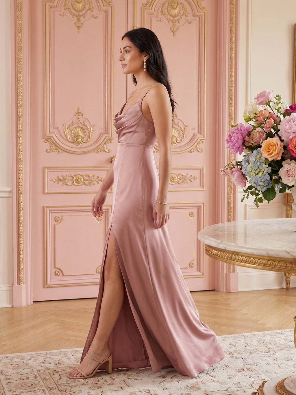 Simple Dusty Rose Satin A-Line Cowl Neck Criss-Cross Straps Ankle-Length Bridesmaid Dress