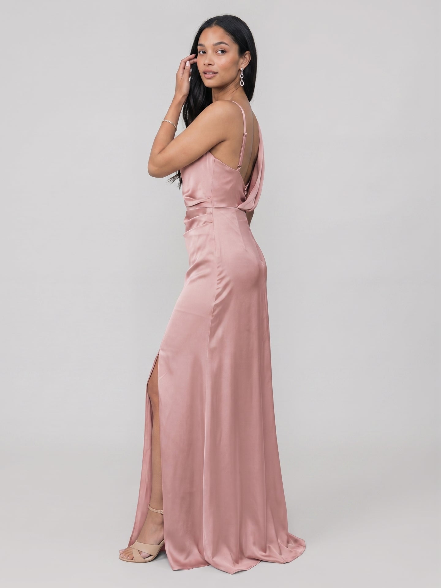 Simple Dusty Rose Satin Sheath Scoop Neck Backless Ankle-Length Bridesmaid Dress