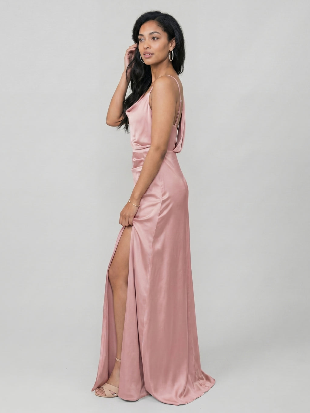 Simple Dusty Rose Satin Sheath Scoop Neck Backless Ankle-Length Bridesmaid Dress