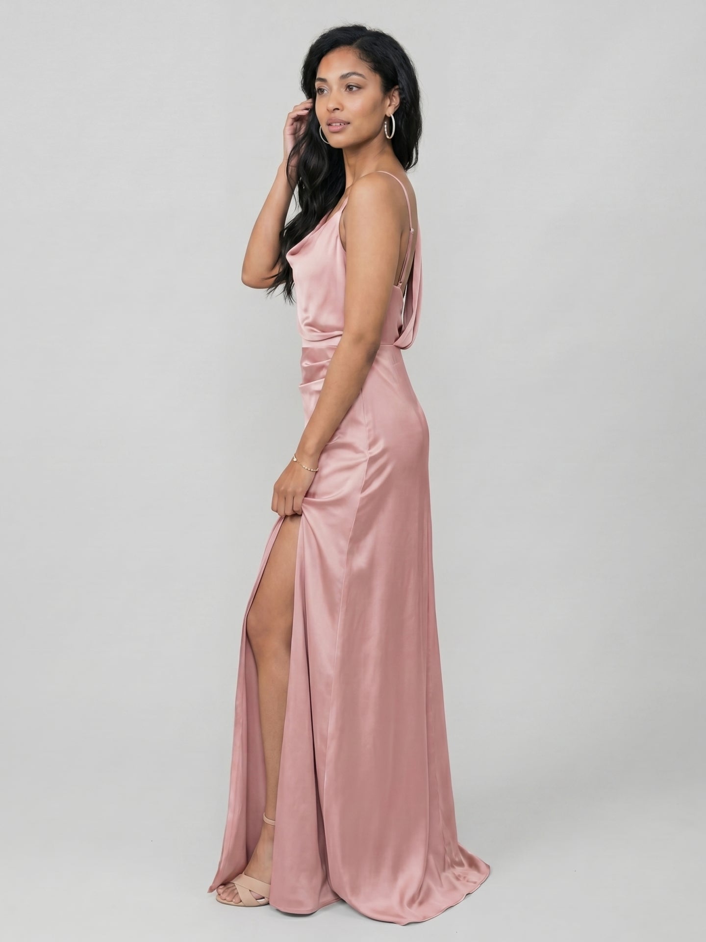 Simple Dusty Rose Satin Sheath Scoop Neck Backless Ankle-Length Bridesmaid Dress