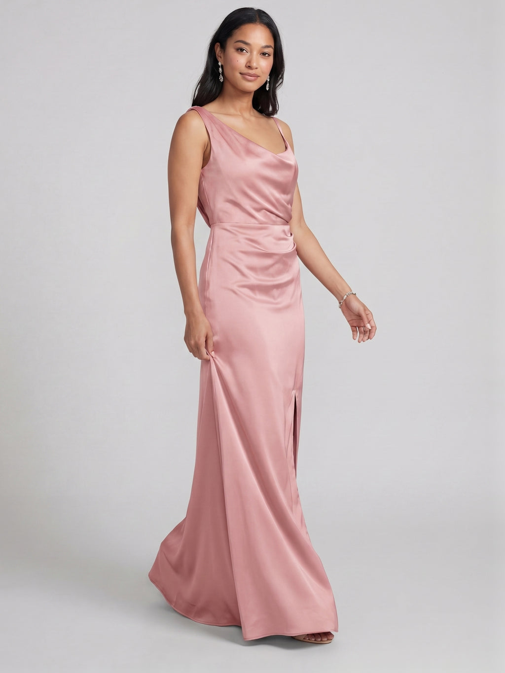 Simple Dusty Rose Satin Sheath Scoop Neck Backless Ankle-Length Bridesmaid Dress