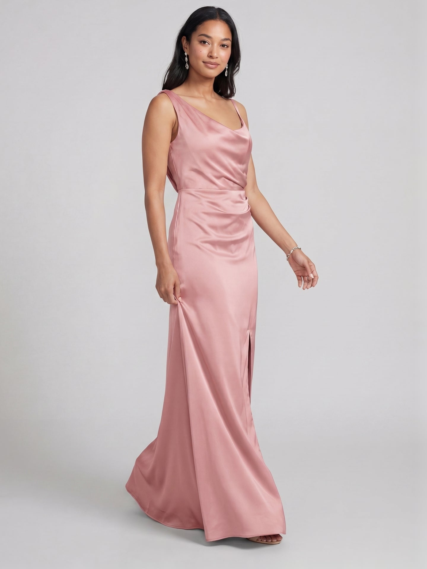 Simple Dusty Rose Satin Sheath Scoop Neck Backless Ankle-Length Bridesmaid Dress