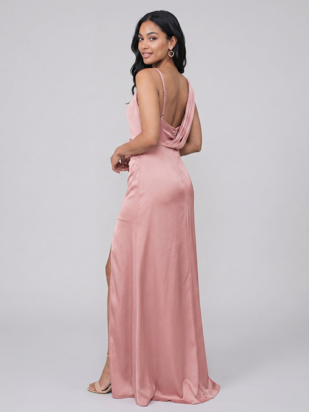 Simple Dusty Rose Satin Sheath Scoop Neck Backless Ankle-Length Bridesmaid Dress
