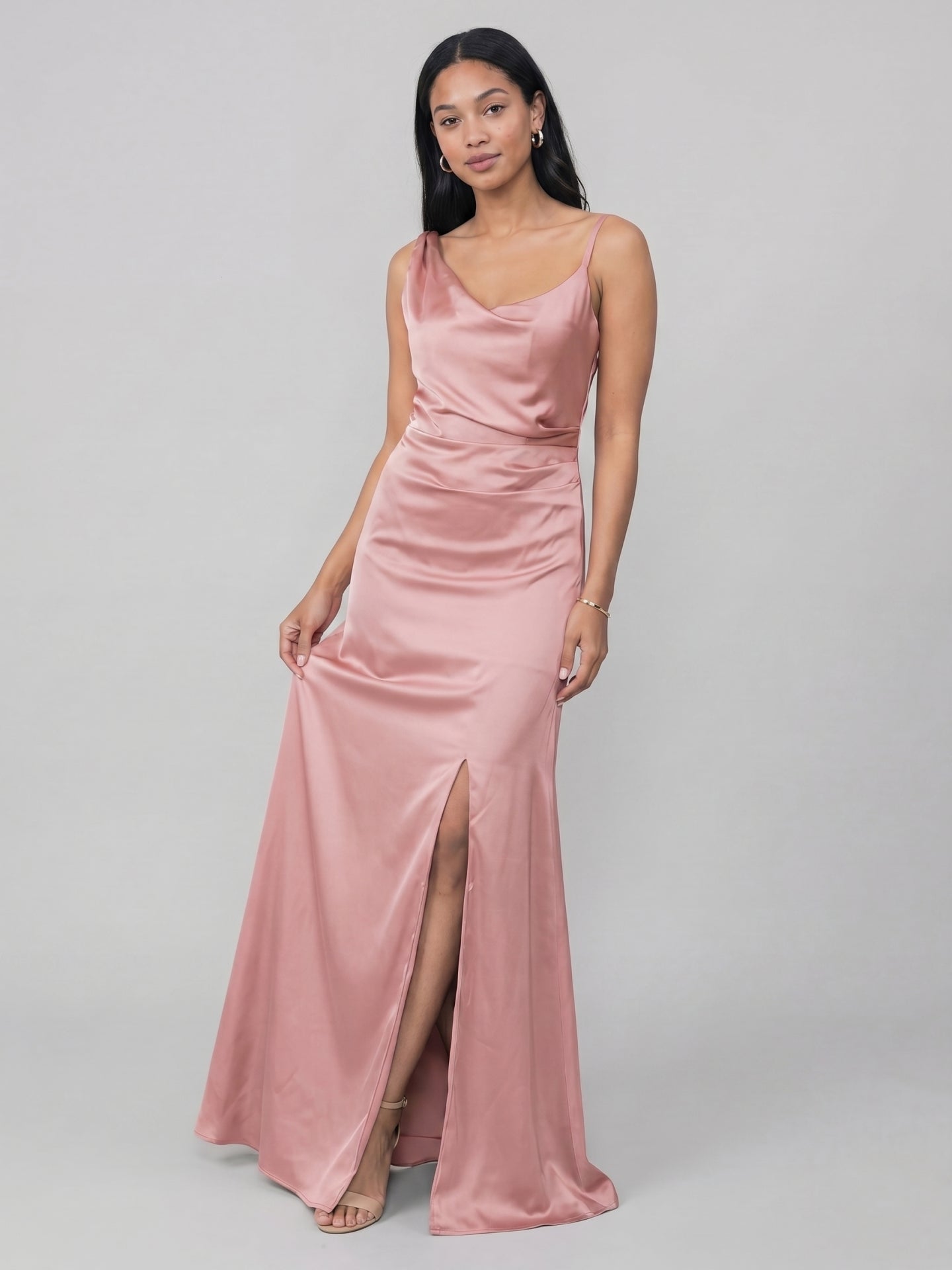 Simple Dusty Rose Satin Sheath Scoop Neck Backless Ankle-Length Bridesmaid Dress