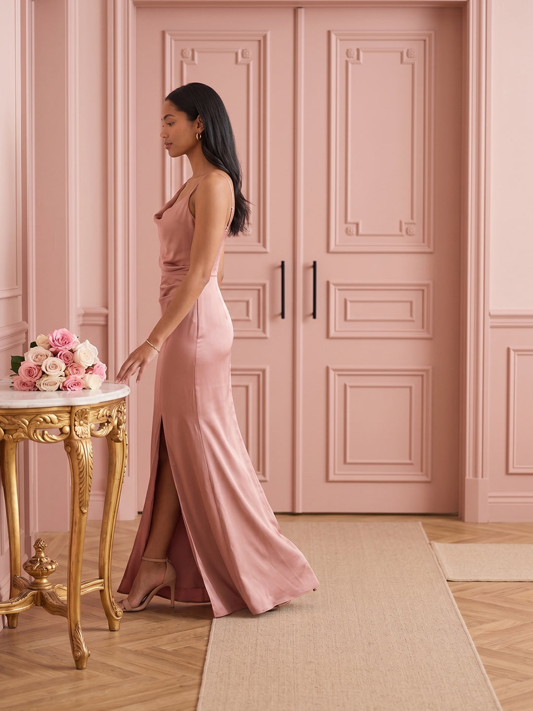 Simple Dusty Rose Satin Sheath Scoop Neck Backless Ankle-Length Bridesmaid Dress