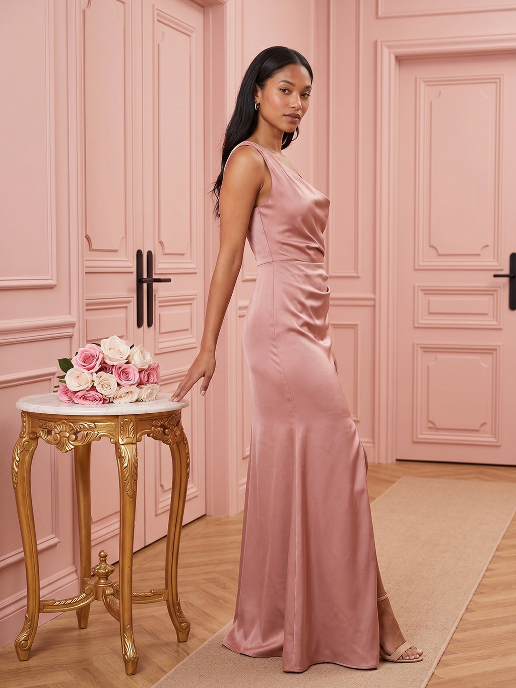 Simple Dusty Rose Satin Sheath Scoop Neck Backless Ankle-Length Bridesmaid Dress