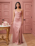 Simple Dusty Rose Satin Sheath Scoop Neck Backless Ankle-Length Bridesmaid Dress