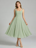 Simple Dusty Sage Chiffon A-Line Square Neck Back Zip Tea-Length Bridesmaid Dress