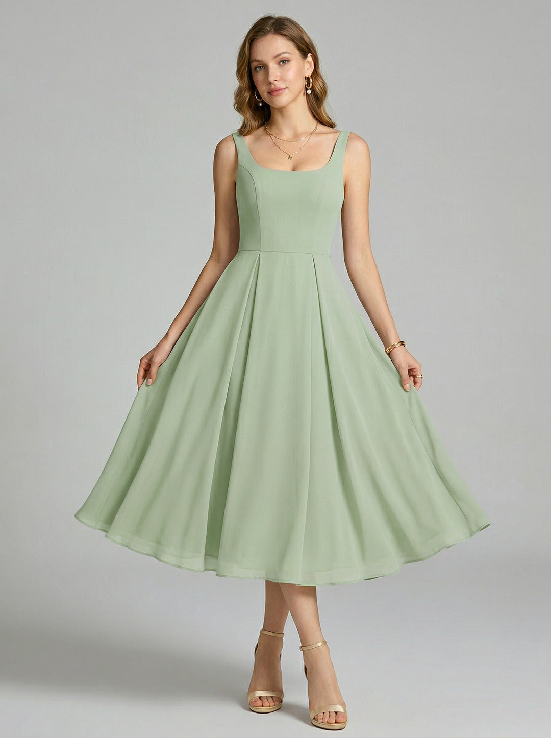 Simple Dusty Sage Chiffon A-Line Square Neck Back Zip Tea-Length Bridesmaid Dress
