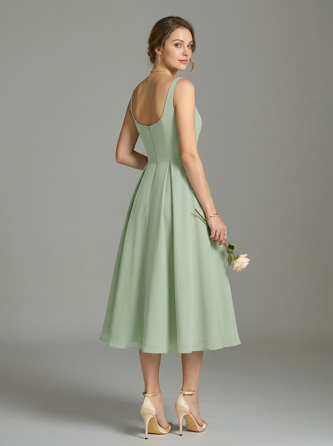 Simple Dusty Sage Chiffon A-Line Square Neck Back Zip Tea-Length Bridesmaid Dress