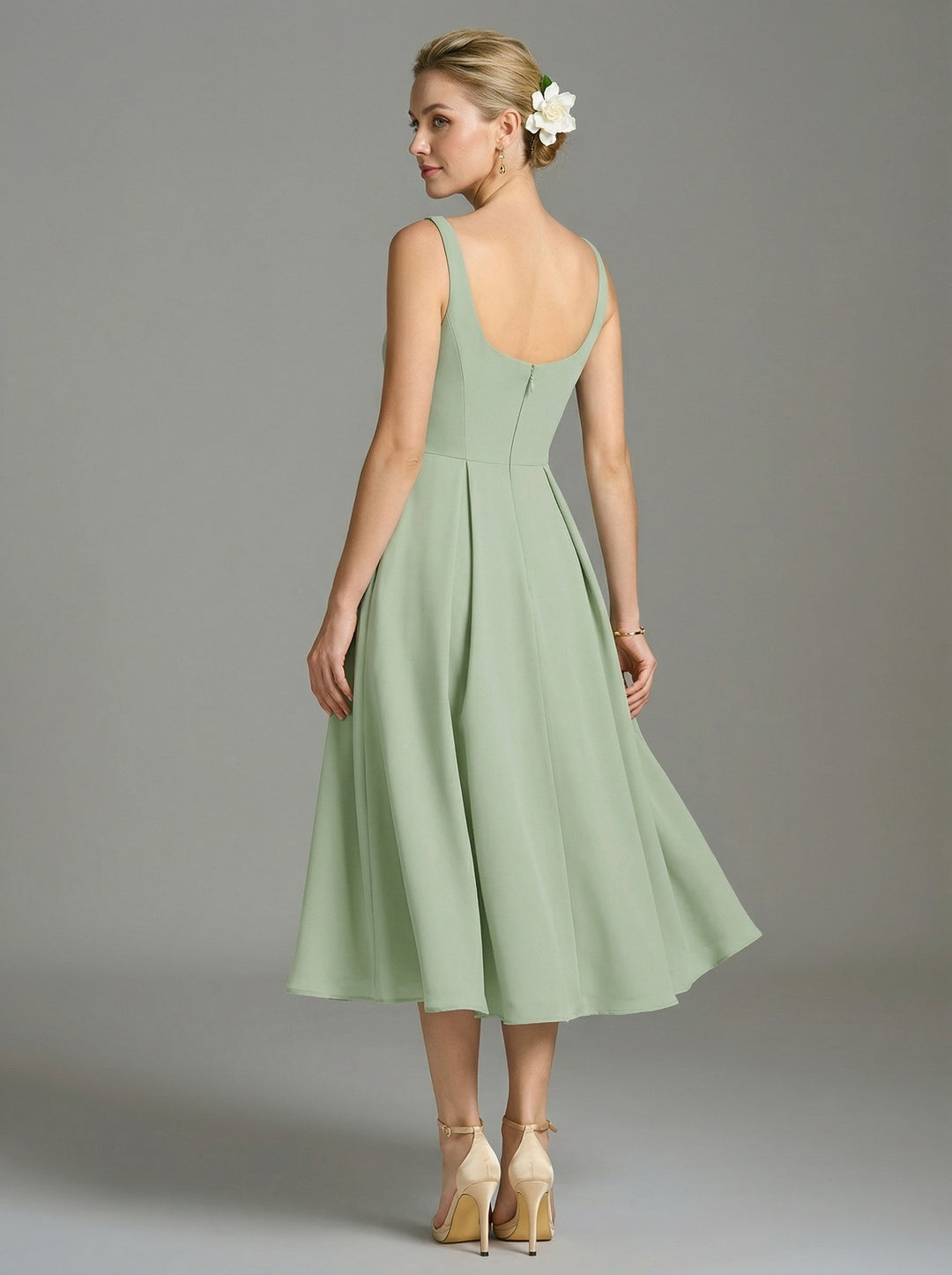 Simple Dusty Sage Chiffon A-Line Square Neck Back Zip Tea-Length Bridesmaid Dress