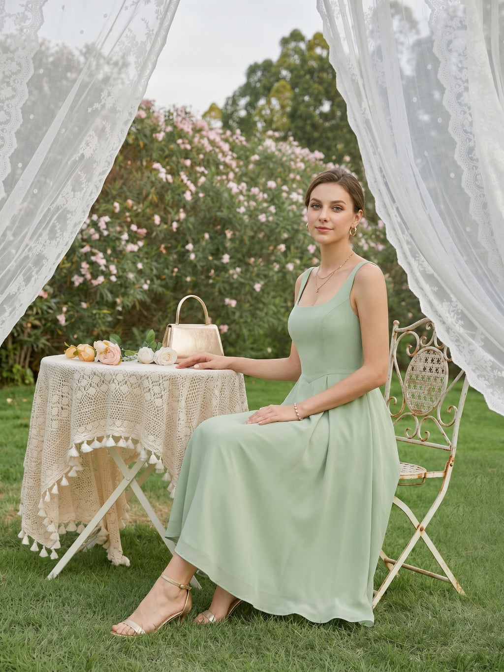 Simple Dusty Sage Chiffon A-Line Square Neck Back Zip Tea-Length Bridesmaid Dress