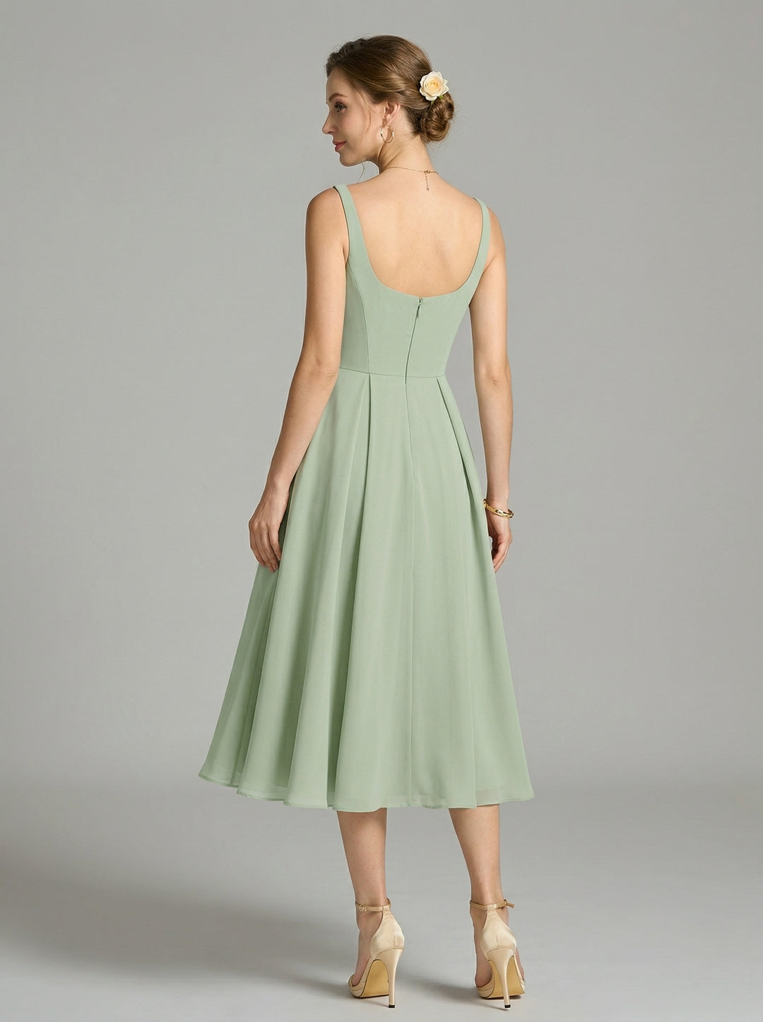 Simple Dusty Sage Chiffon A-Line Square Neck Back Zip Tea-Length Bridesmaid Dress