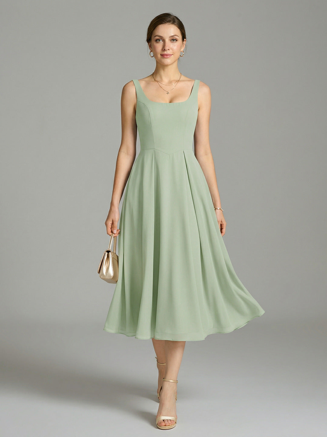 Simple Dusty Sage Chiffon A-Line Square Neck Back Zip Tea-Length Bridesmaid Dress