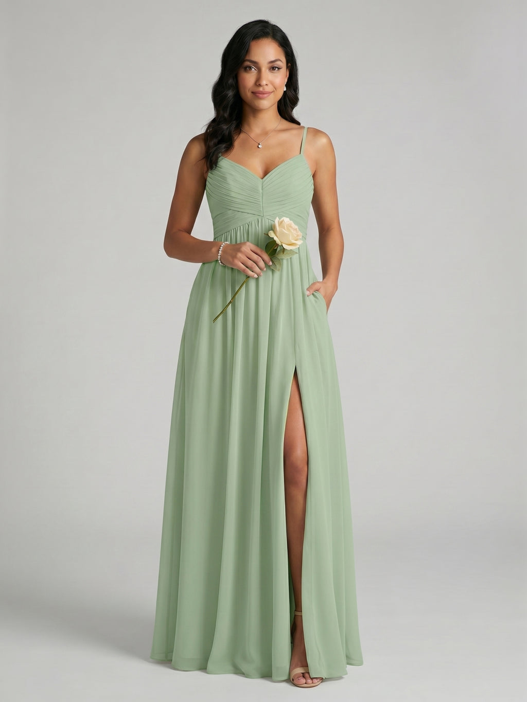 Simple Dusty Sage Chiffon A-Line Sweetheart Back Zip Ankle-Length Bridesmaid Dress