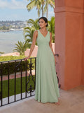 Simple Dusty Sage Chiffon A-Line V-Neck Back Zip Ankle-Length Bridesmaid Dress