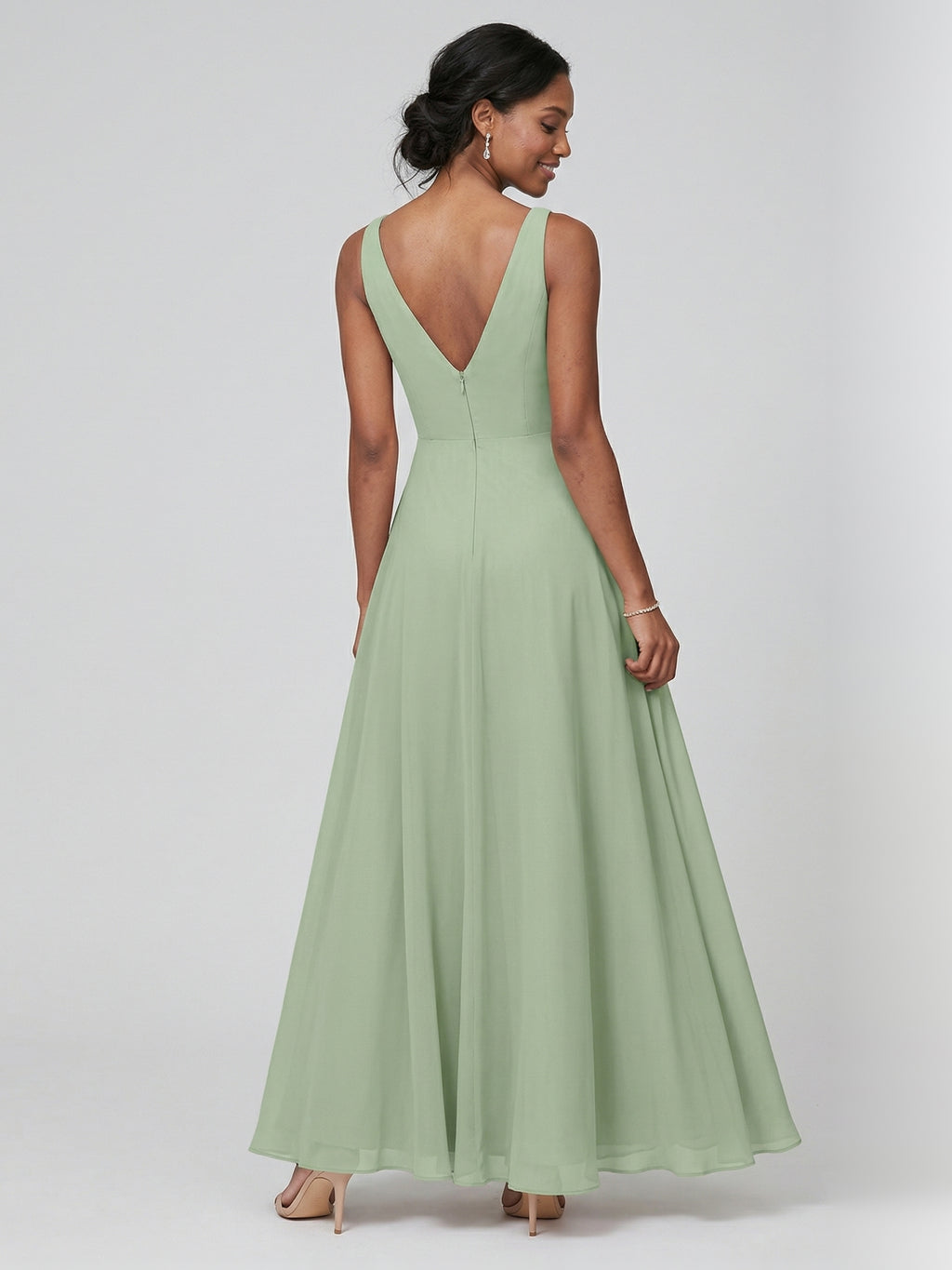 Simple Dusty Sage Chiffon A-Line V-Neck Back Zip Ankle-Length Bridesmaid Dress