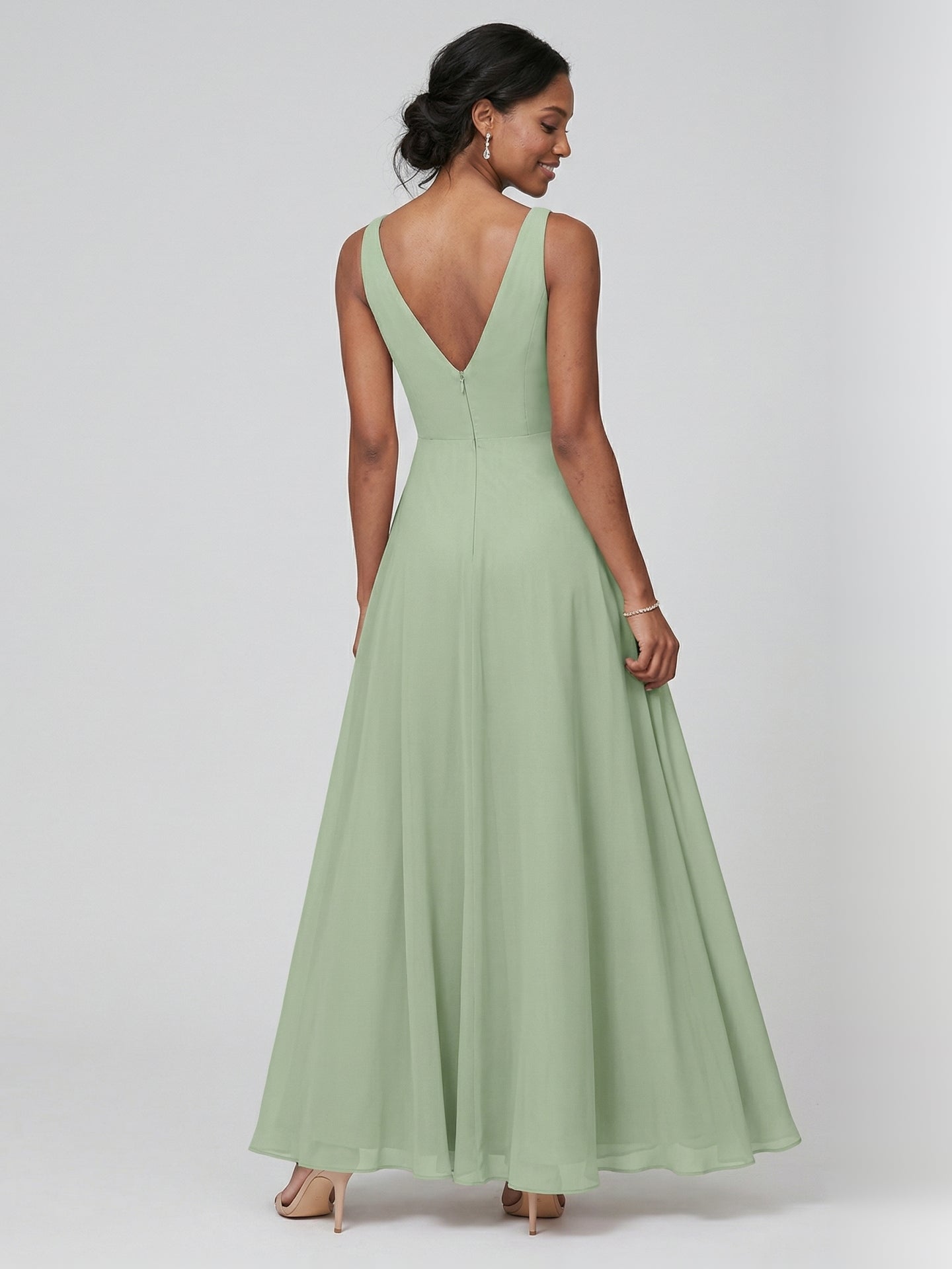 Simple Dusty Sage Chiffon A-Line V-Neck Back Zip Ankle-Length Bridesmaid Dress