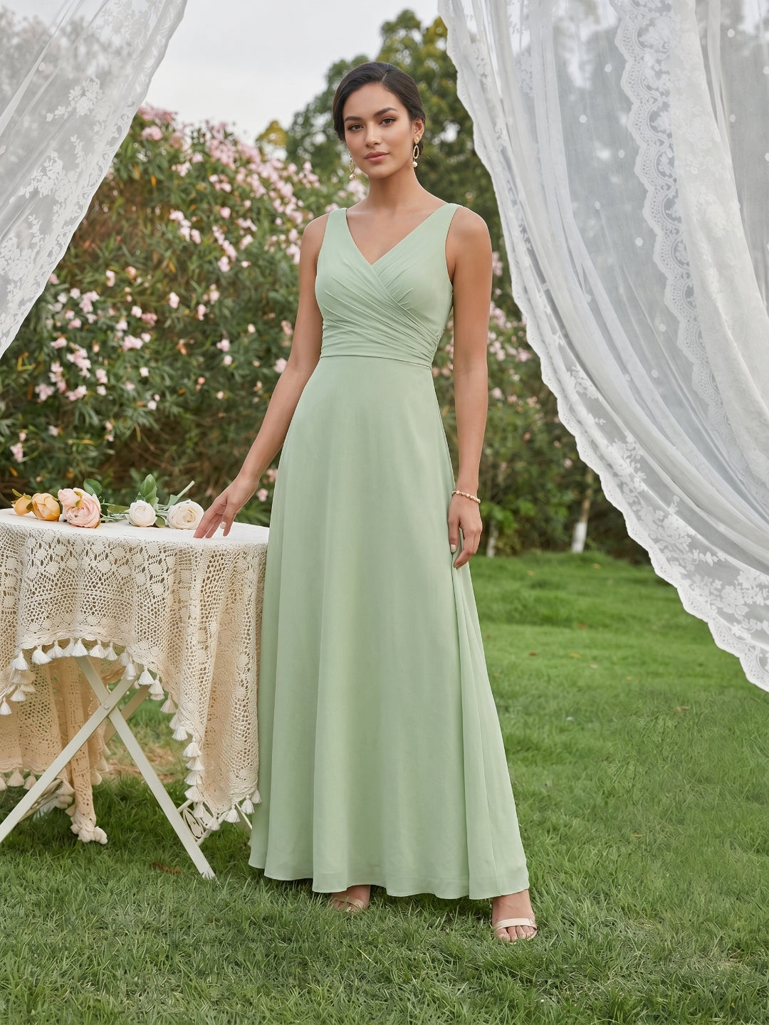 Simple Dusty Sage Chiffon A-Line V-Neck Back Zip Ankle-Length Bridesmaid Dress