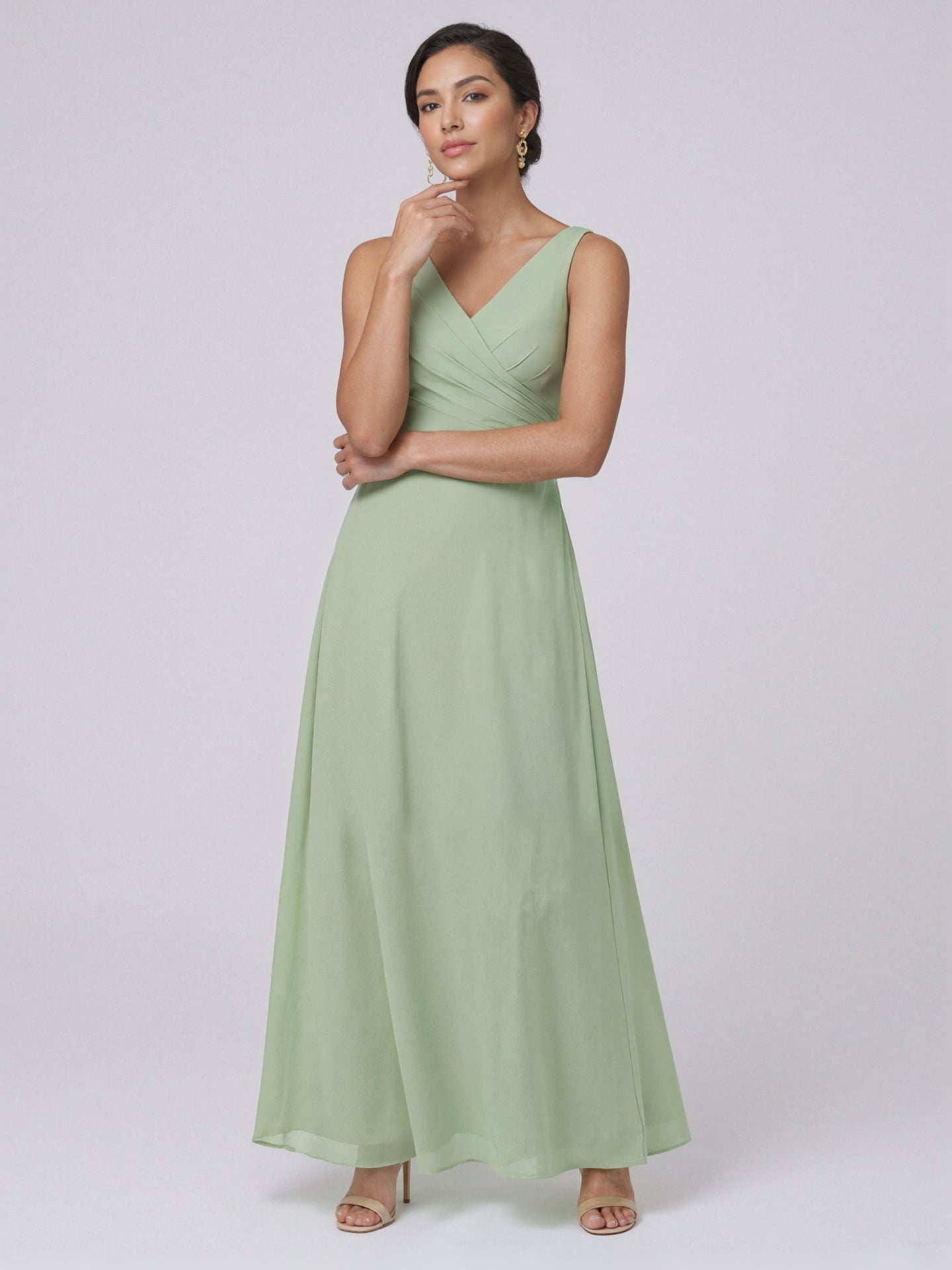 Simple Dusty Sage Chiffon A-Line V-Neck Back Zip Ankle-Length Bridesmaid Dress