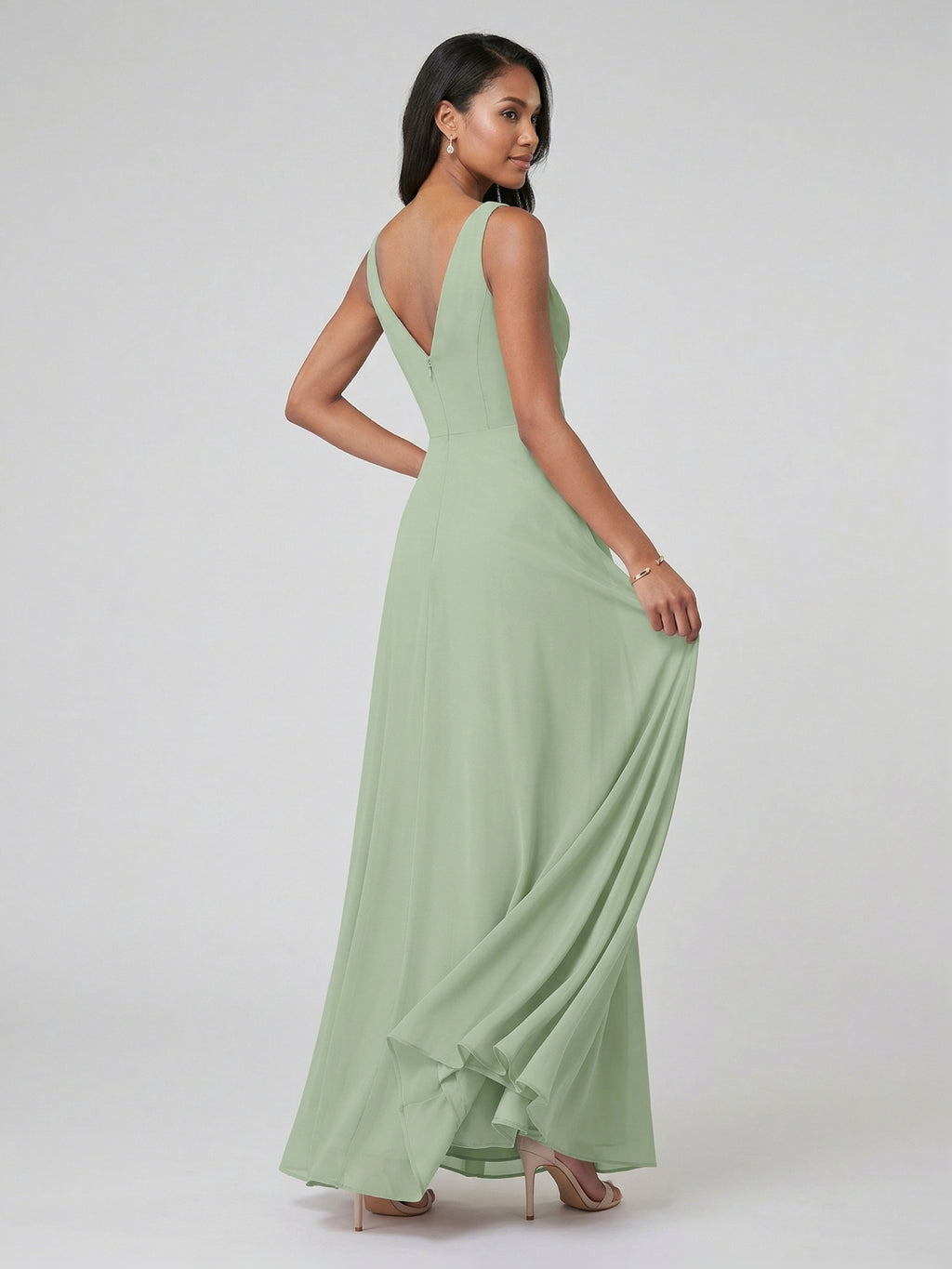 Simple Dusty Sage Chiffon A-Line V-Neck Back Zip Ankle-Length Bridesmaid Dress