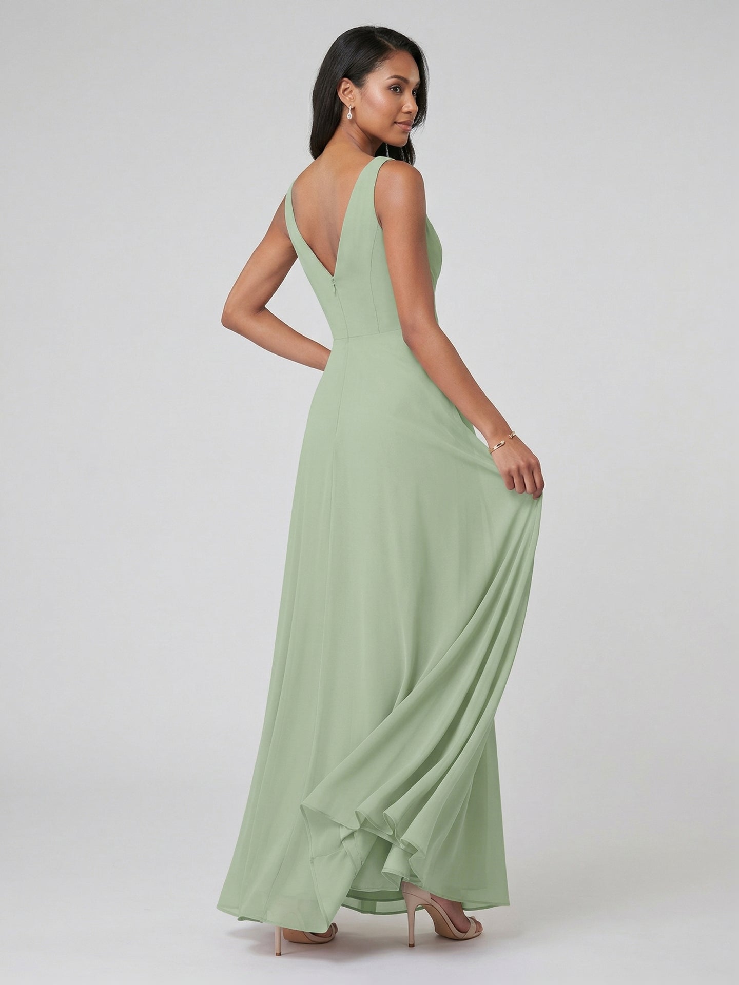 Simple Dusty Sage Chiffon A-Line V-Neck Back Zip Ankle-Length Bridesmaid Dress