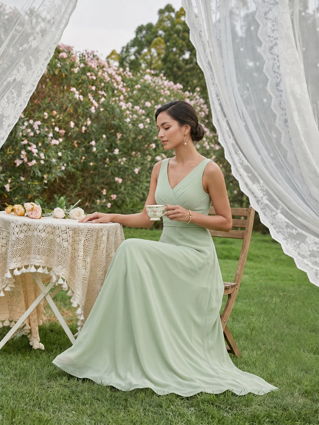 Simple Dusty Sage Chiffon A-Line V-Neck Back Zip Ankle-Length Bridesmaid Dress