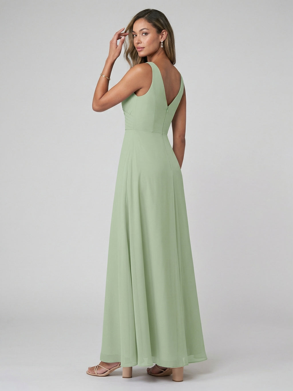 Simple Dusty Sage Chiffon A-Line V-Neck Back Zip Ankle-Length Bridesmaid Dress