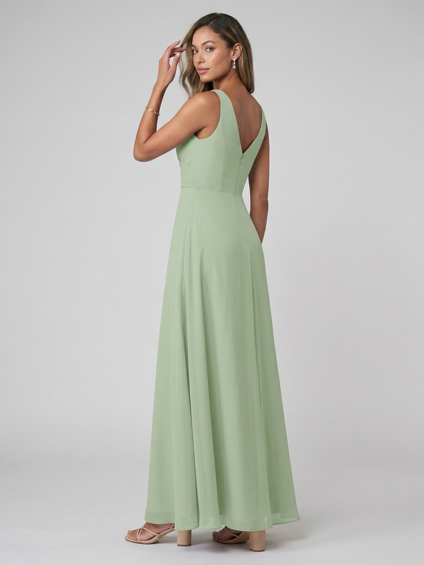 Simple Dusty Sage Chiffon A-Line V-Neck Back Zip Ankle-Length Bridesmaid Dress