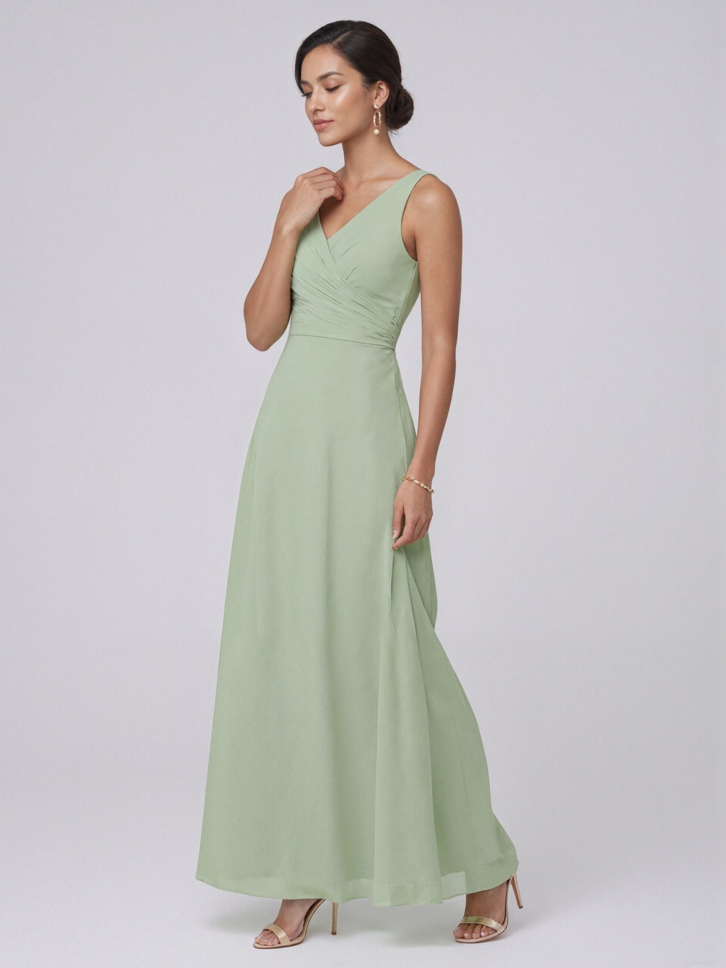 Simple Dusty Sage Chiffon A-Line V-Neck Back Zip Ankle-Length Bridesmaid Dress