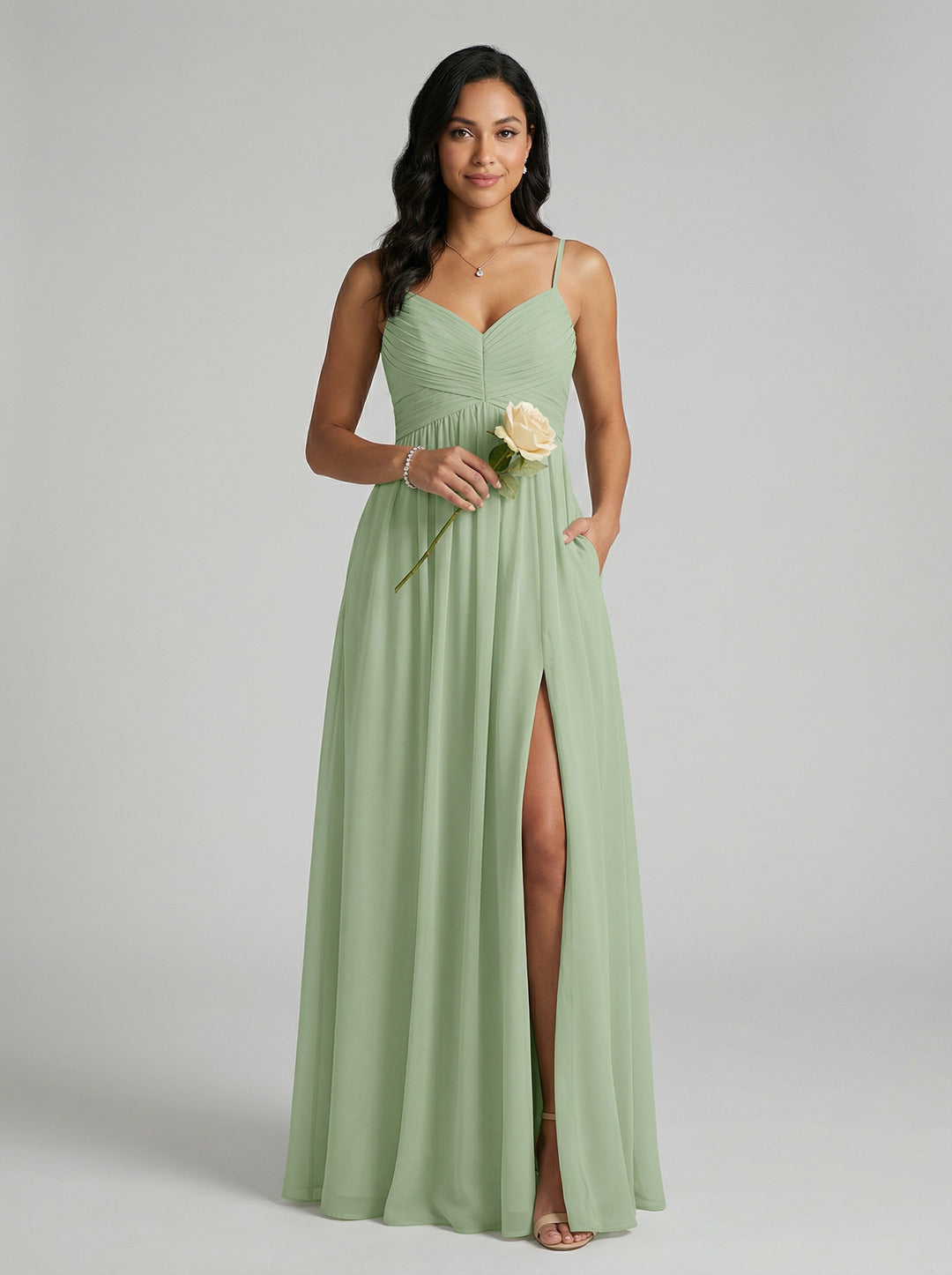 Simple Dusty Sage Chiffon A-Line Sweetheart Back Zip Ankle-Length Bridesmaid Dress