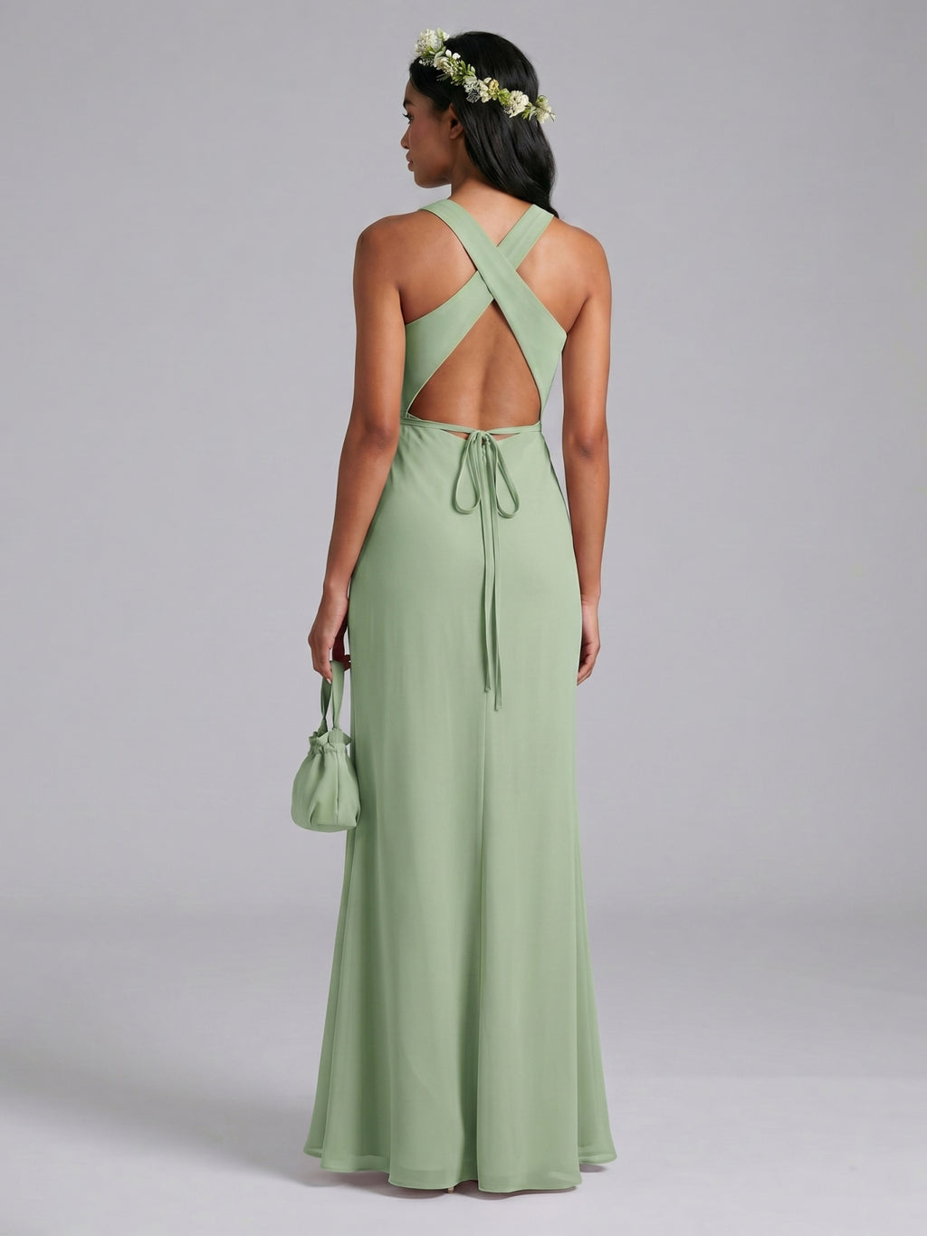 Simple Dusty Sage Chiffon column Halter neckline Backless Ankle-Length Bridesmaid Dress