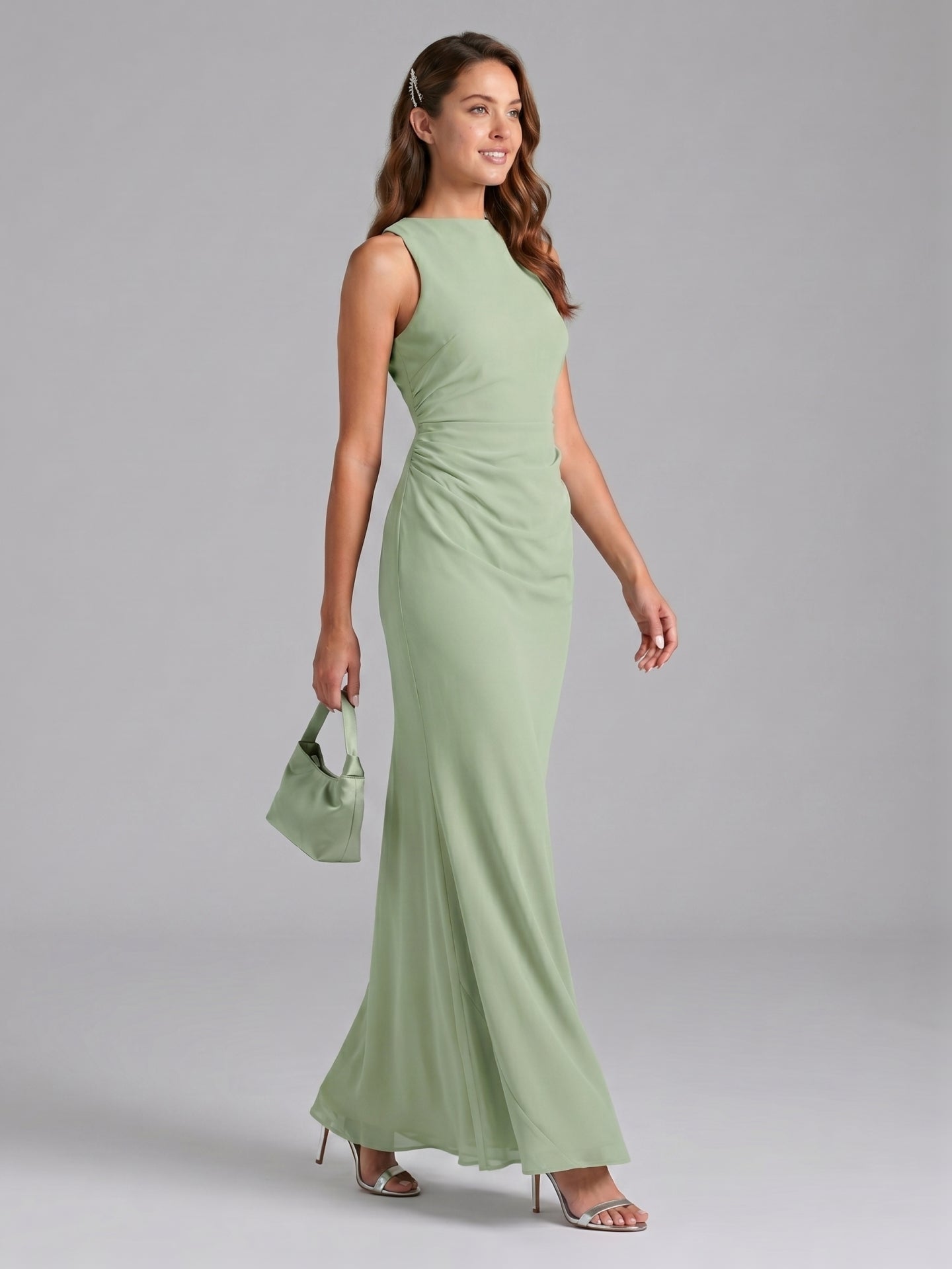 Simple Dusty Sage Chiffon column Halter neckline Backless Ankle-Length Bridesmaid Dress