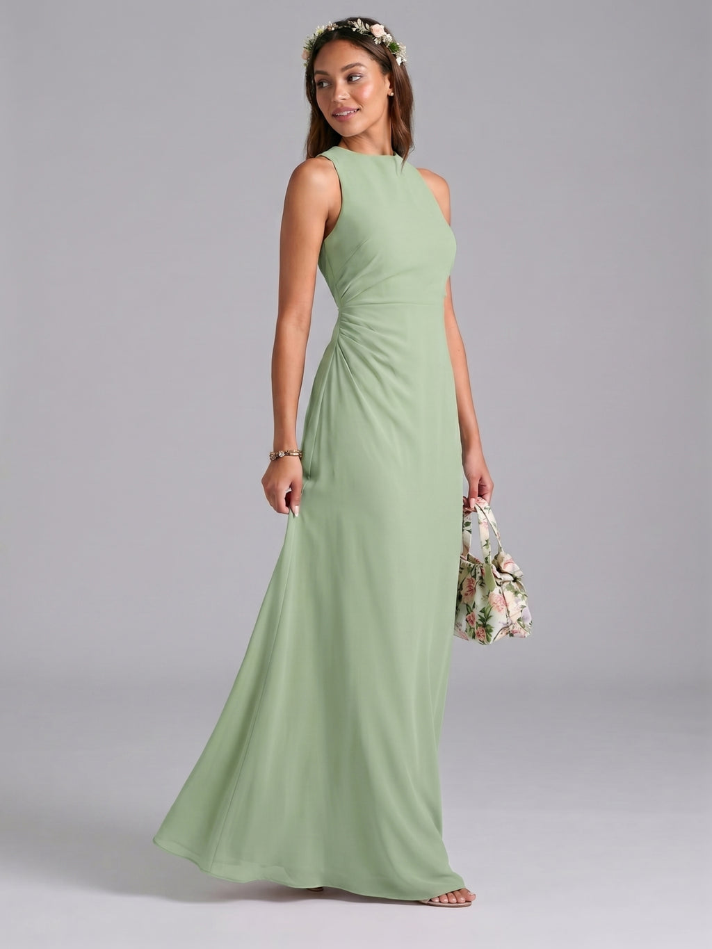 Simple Dusty Sage Chiffon column Halter neckline Backless Ankle-Length Bridesmaid Dress