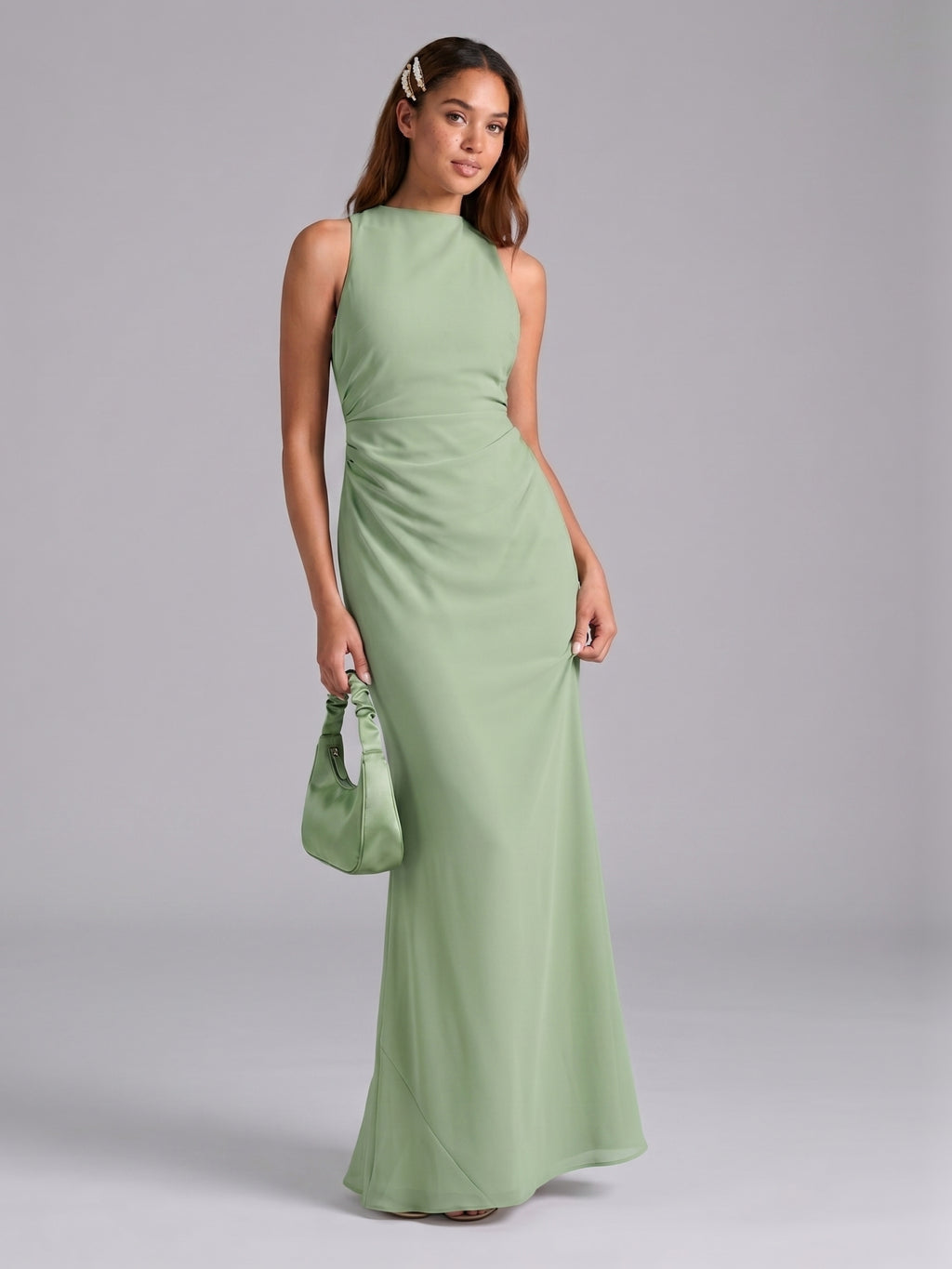 Simple Dusty Sage Chiffon column Halter neckline Backless Ankle-Length Bridesmaid Dress