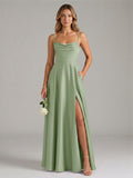 Simple Dusty Sage Satin A-Line Cowl Neck Back Zip Ankle-Length Bridesmaid Dress