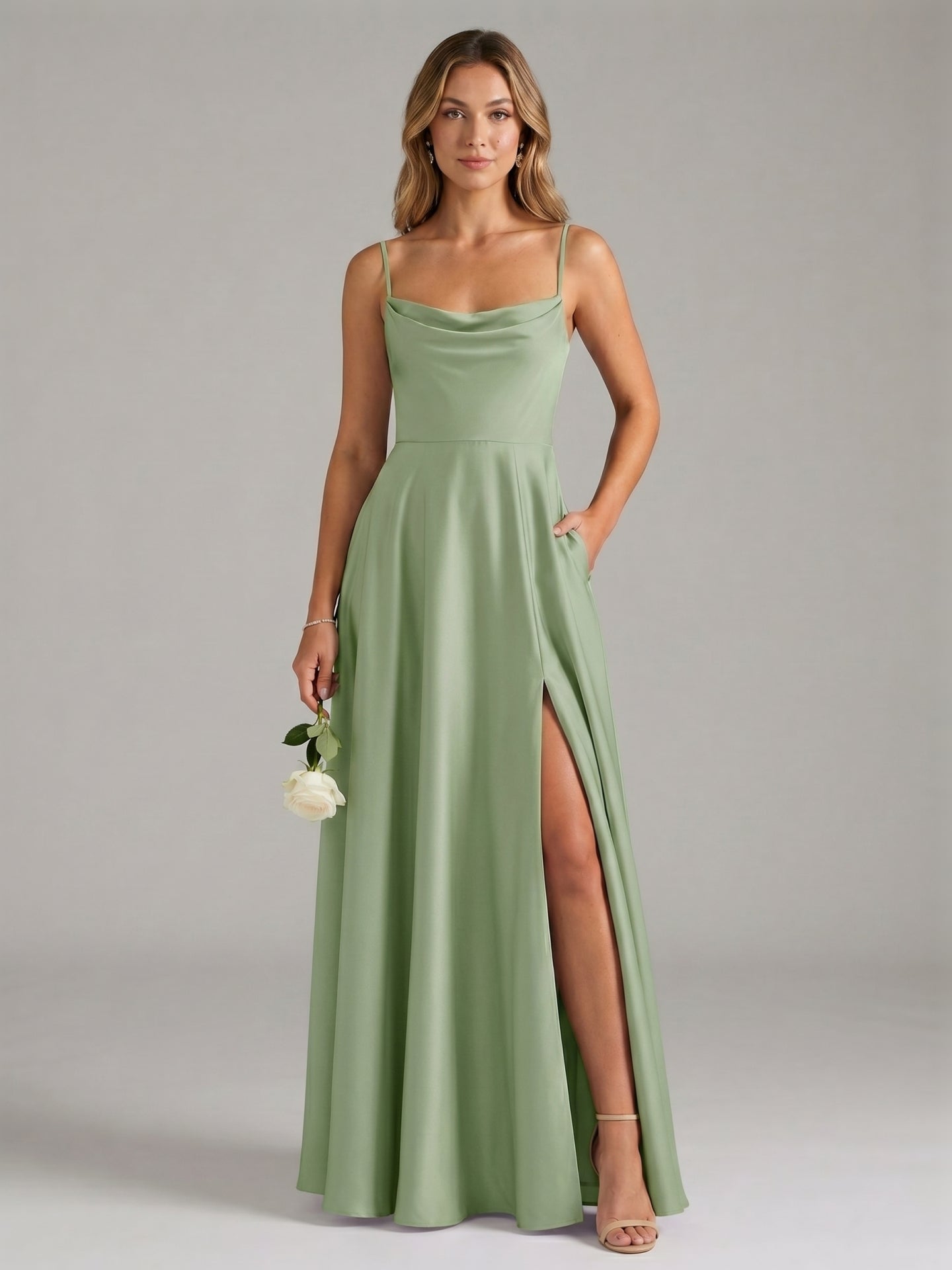 Simple Dusty Sage Satin A-Line Cowl Neck Back Zip Ankle-Length Bridesmaid Dress