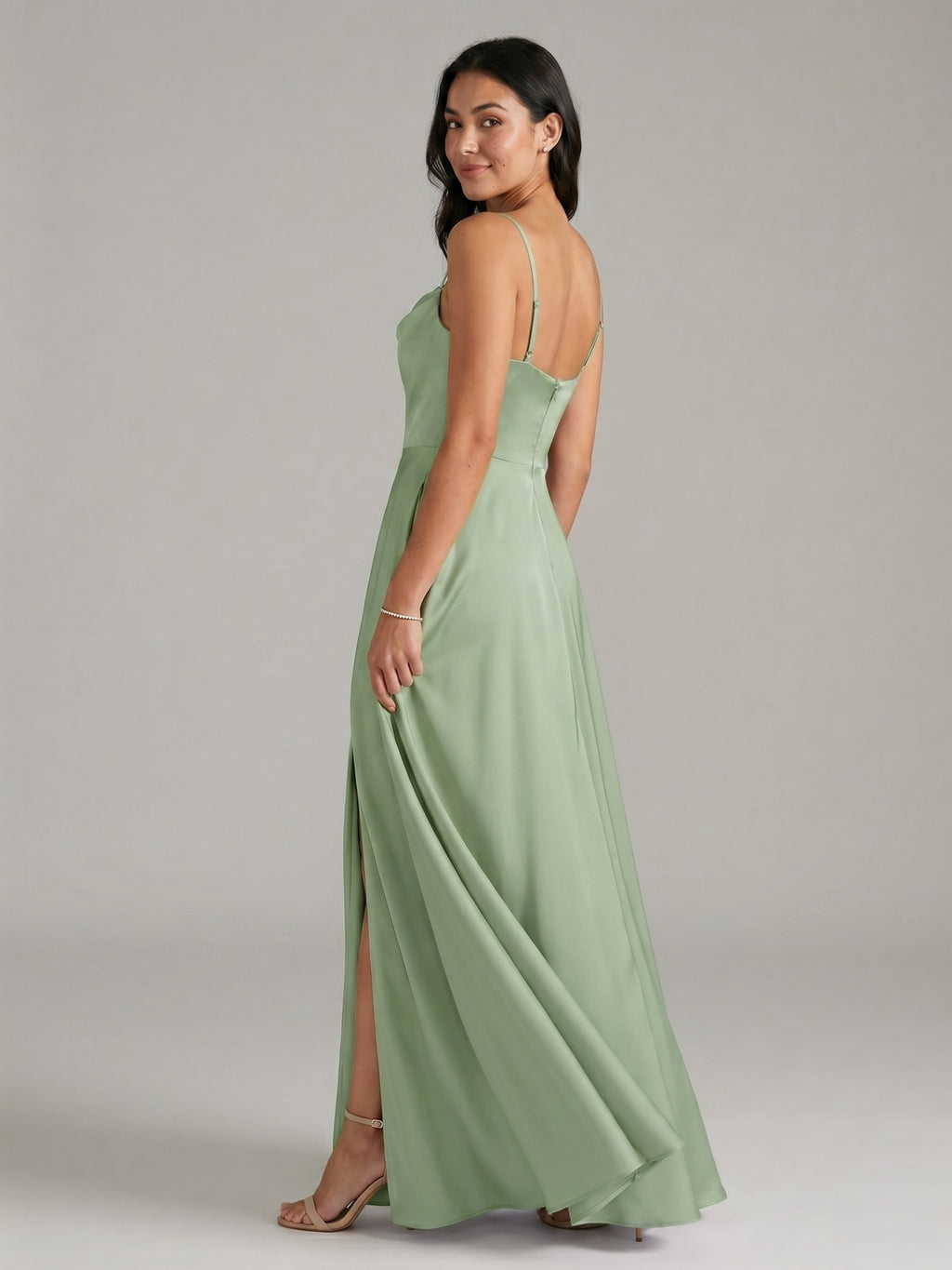 Simple Dusty Sage Satin A-Line Cowl Neck Back Zip Ankle-Length Bridesmaid Dress