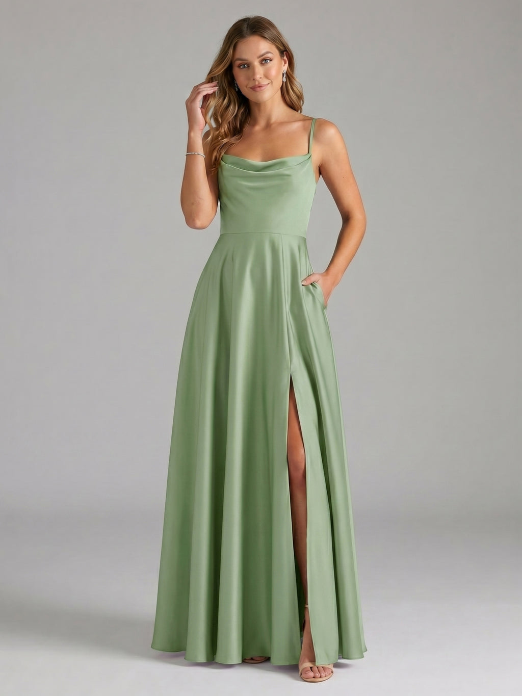 Simple Dusty Sage Satin A-Line Cowl Neck Back Zip Ankle-Length Bridesmaid Dress