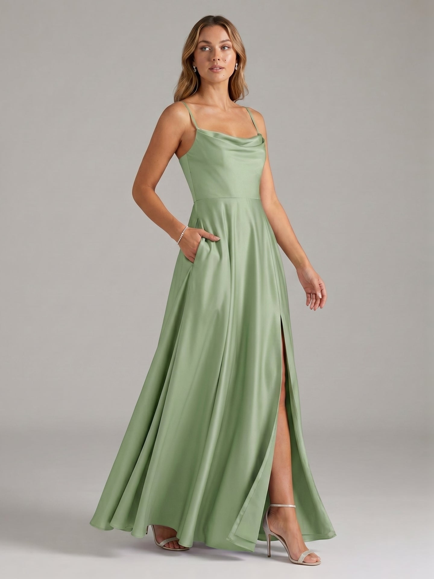 Simple Dusty Sage Satin A-Line Cowl Neck Back Zip Ankle-Length Bridesmaid Dress