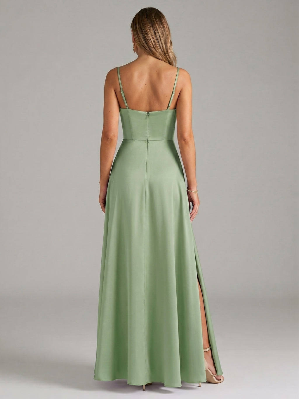 Simple Dusty Sage Satin A-Line Cowl Neck Back Zip Ankle-Length Bridesmaid Dress