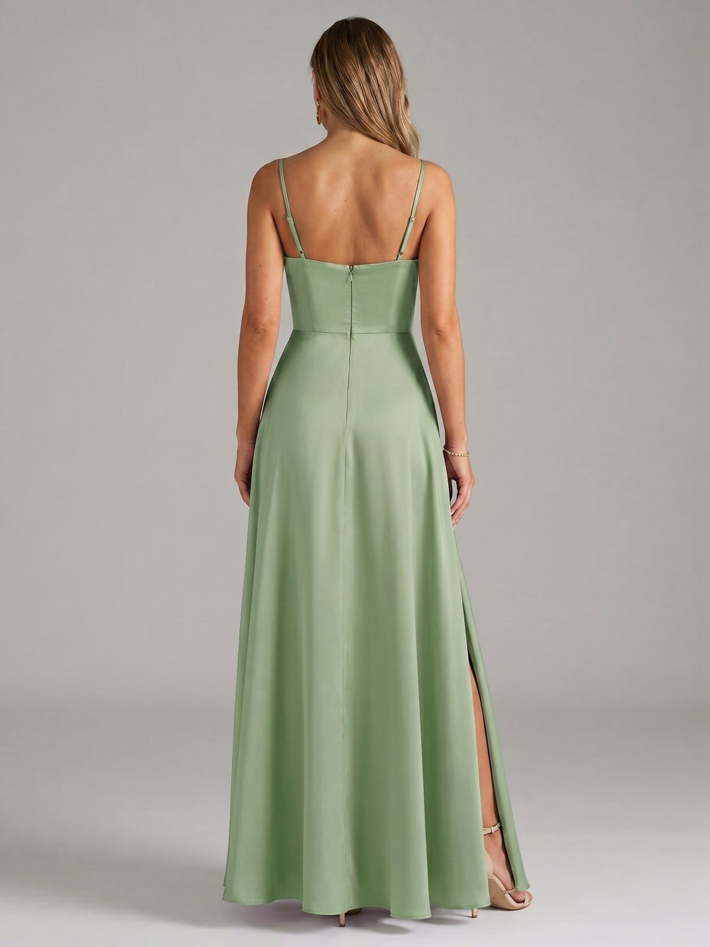 Simple Dusty Sage Satin A-Line Cowl Neck Back Zip Ankle-Length Bridesmaid Dress
