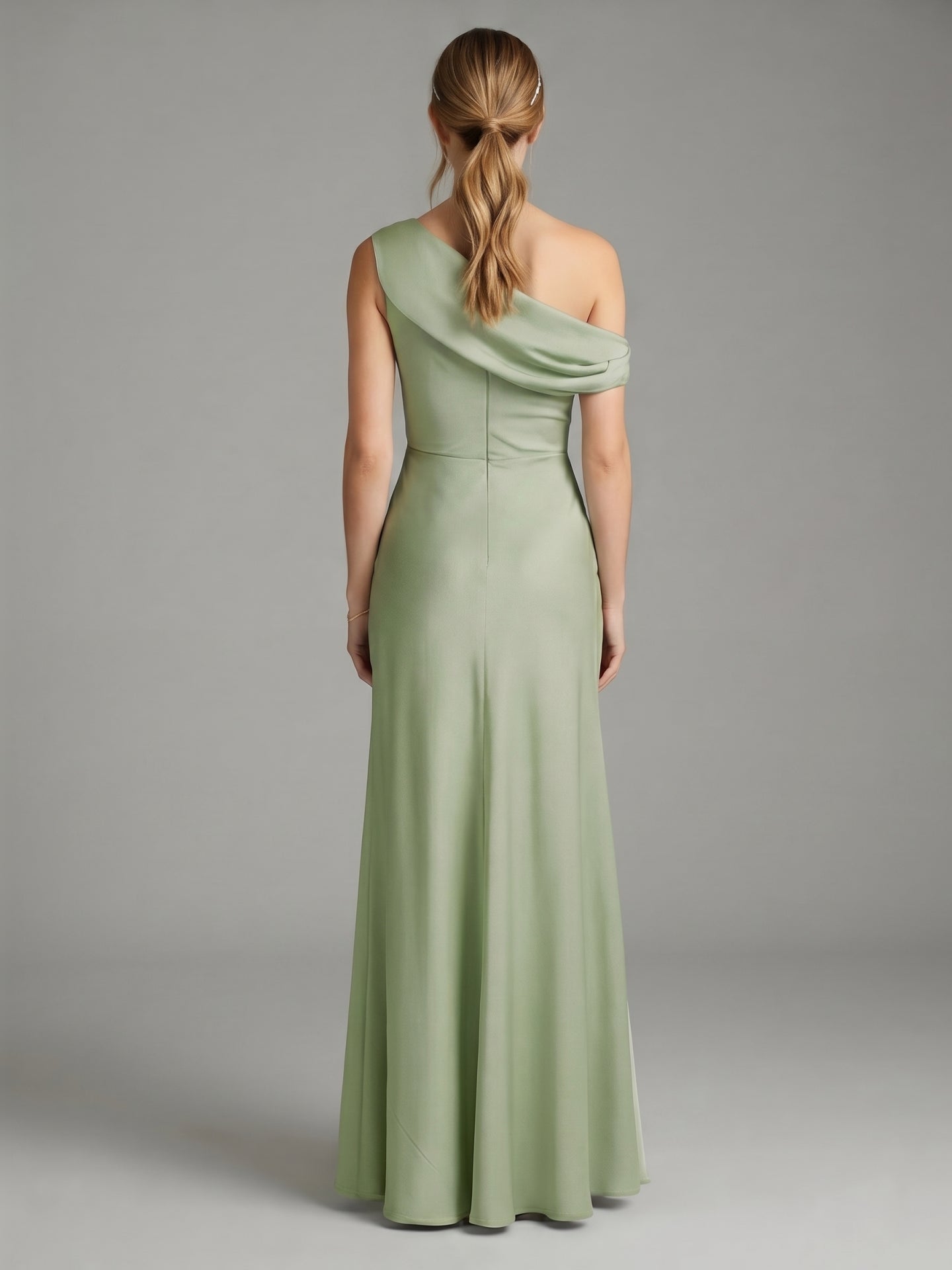 Simple Dusty Sage Satin A-Line One Shoulder Ankle-Length Bridesmaid Dress