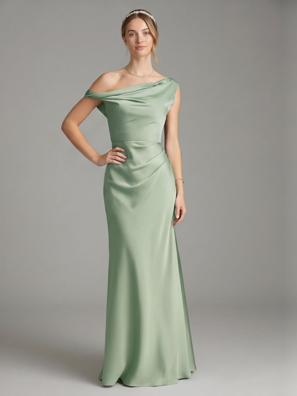 Simple Dusty Sage Satin A-Line One Shoulder Ankle-Length Bridesmaid Dress