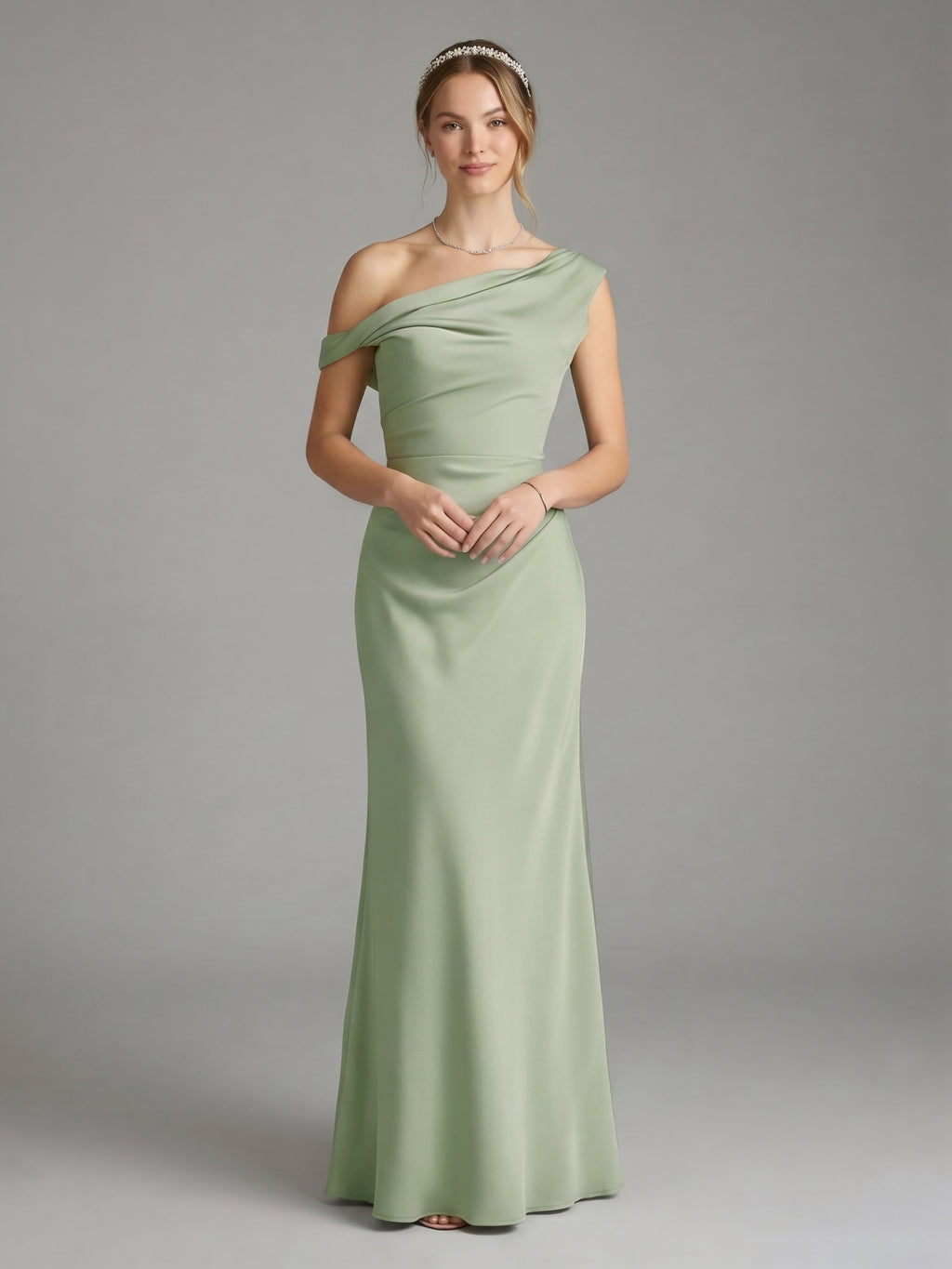 Simple Dusty Sage Satin A-Line One Shoulder Ankle-Length Bridesmaid Dress