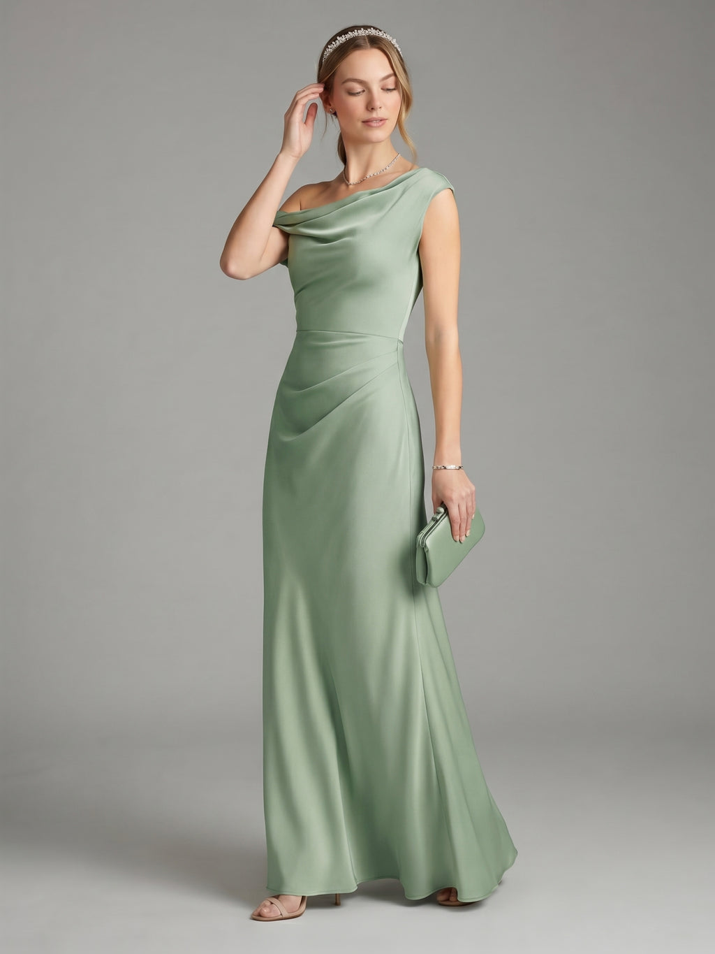 Simple Dusty Sage Satin A-Line One Shoulder Ankle-Length Bridesmaid Dress