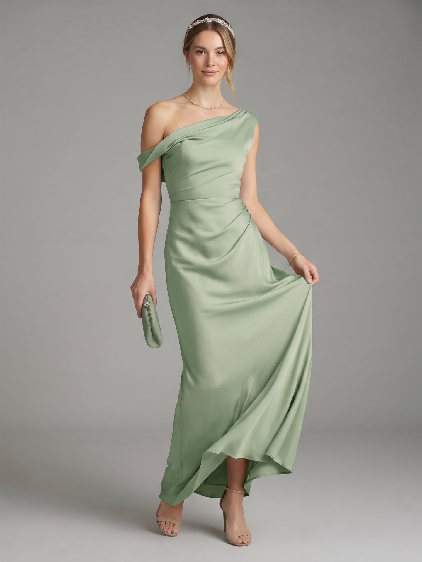 Simple Dusty Sage Satin A-Line One Shoulder Ankle-Length Bridesmaid Dress
