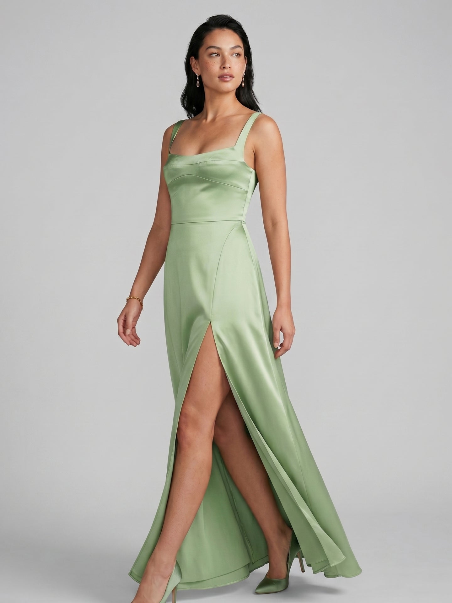 Simple Dusty Sage Satin A-Line Square Neck Ankle-Length Bridesmaid Dress