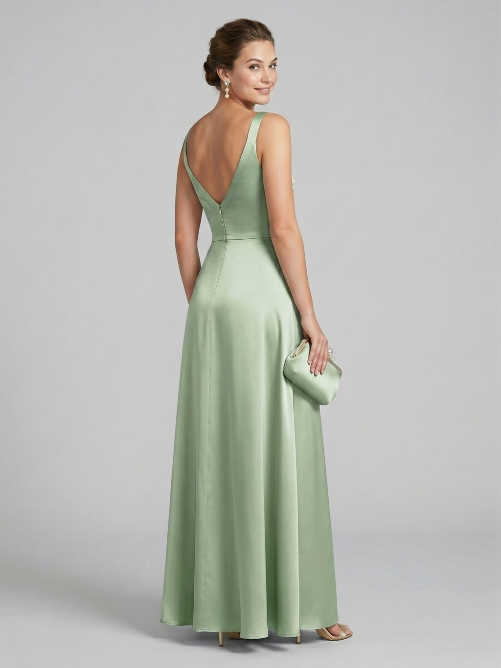 Simple Dusty Sage Satin A-Line Square Neck Ankle-Length Bridesmaid Dress