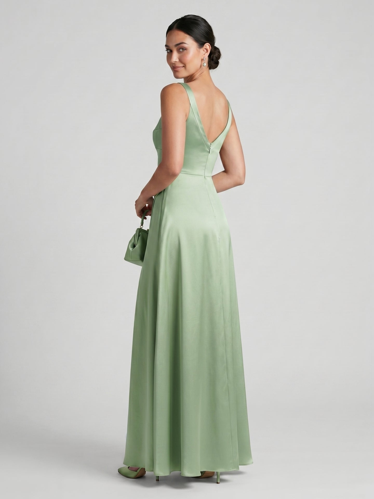 Simple Dusty Sage Satin A-Line Square Neck Ankle-Length Bridesmaid Dress